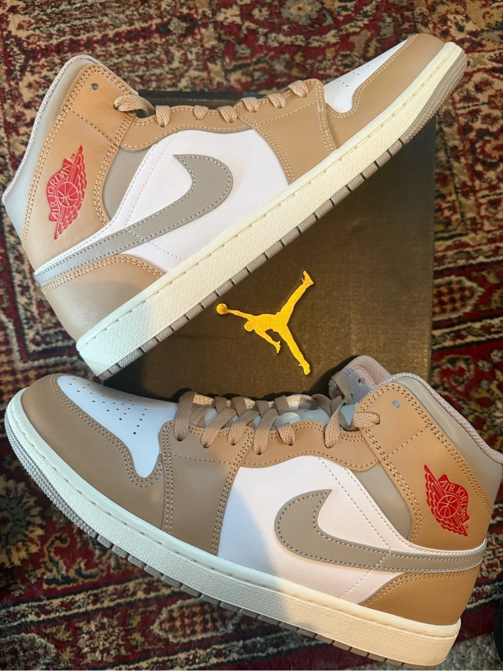 Jordan 1 Mid Rattan White College Grey with Red Wings Logo